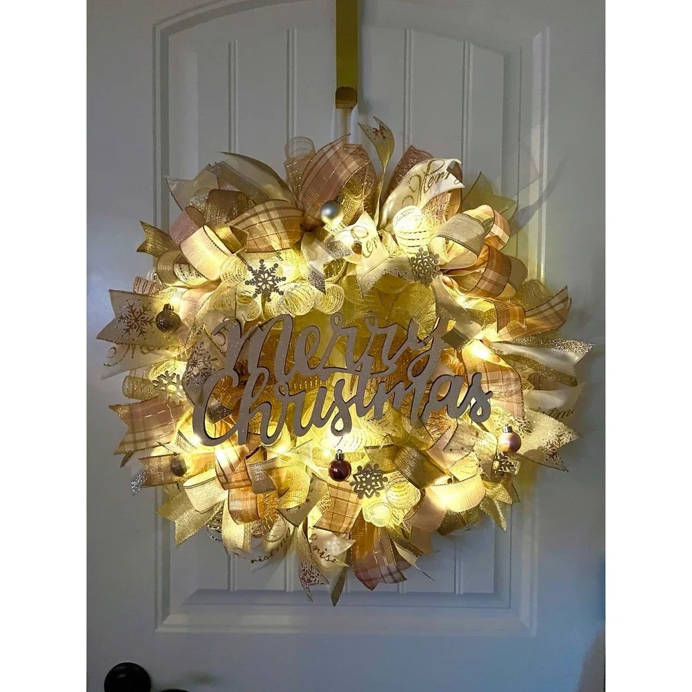 Christmas Snowflake Holiday Ribbon Door Wreath Handmade 22 ins LED W12 Gold Pink